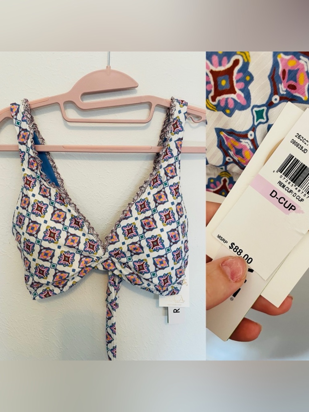 D-Cup Tie Front Bikini Top in White Multicolor Tile Print